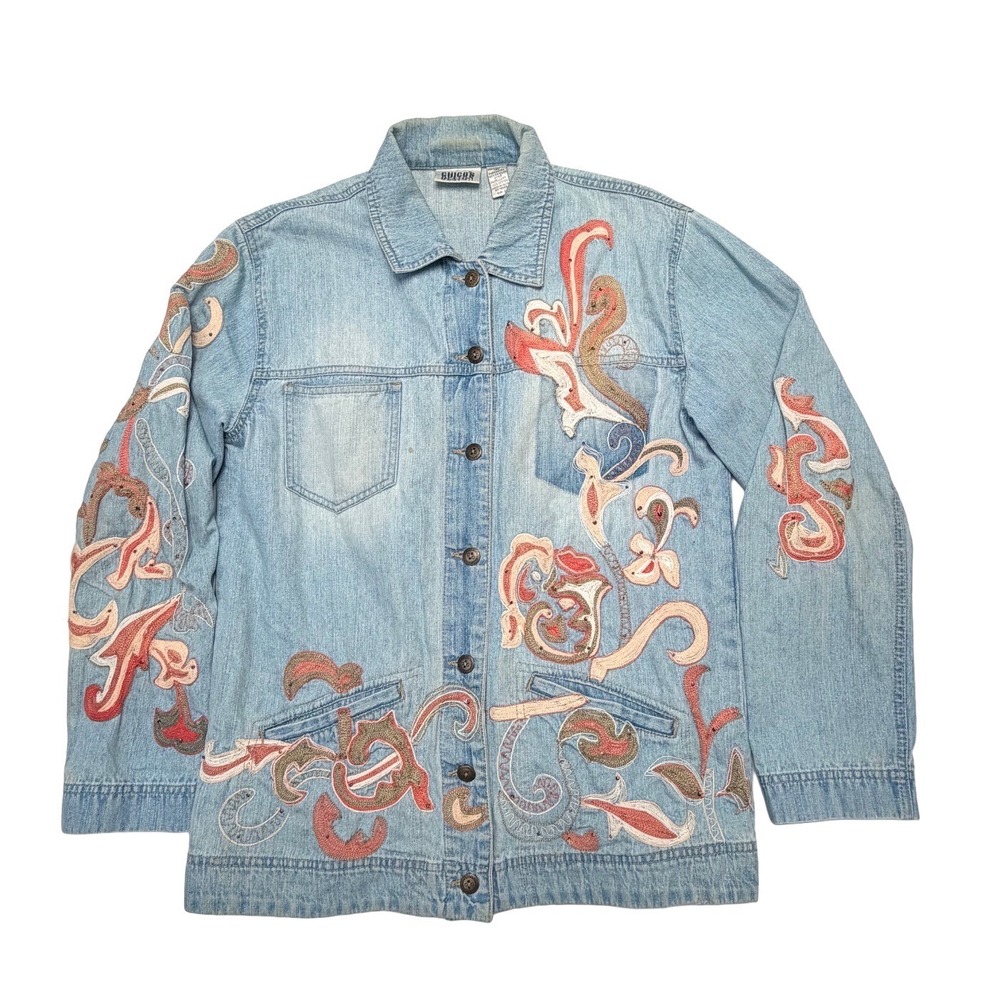 Y2K Chicos Embroidered Cotton Denim Medium Women Jacket Boho Artsy Festival - Picture 2 of 12